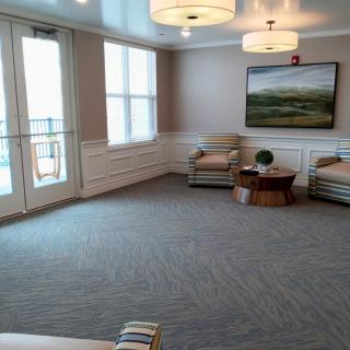 A modern lobby with comfortable seating and elegant decor.