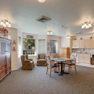 A cozy indoor space combining a living area and kitchen with seating furniture and cabinetry.
