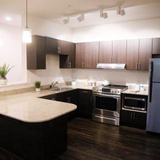 A modern kitchen with dark cabinets and stainless steel appliances.