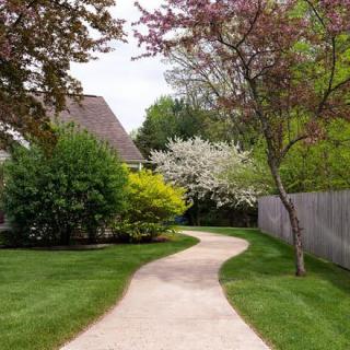 A winding garden pathway bordered by vibrant trees and lush greenery in spring.