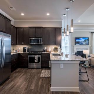 A modern kitchen with dark cabinets, stainless steel appliances, and pendant lighting opens into a cozy living area.