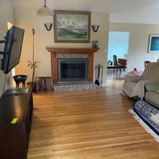 A cozy living room with a hardwood floor, featuring a fireplace and a painting above it.