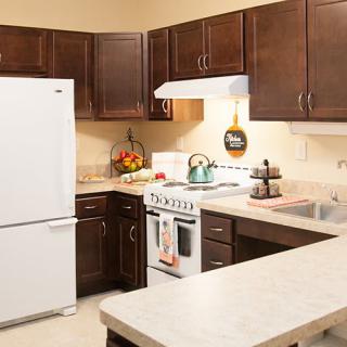 A modern kitchen with dark wood cabinets, a white fridge, and an oven featuring a cozy and inviting layout.