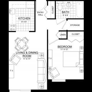 A floor plan of a one-bedroom apartment featuring a kitchen, living and dining area, bathroom, storage, and closet.