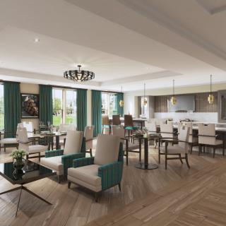 A spacious, elegantly designed open-plan living area with modern furniture and a kitchen.