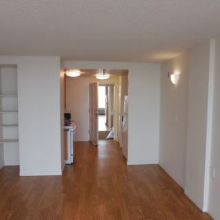 A spacious and modern apartment interior featuring wooden flooring and bright lighting.