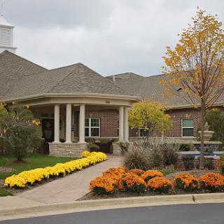 A beautifully landscaped entrance to a residential building, featuring vibrant autumn flowers.