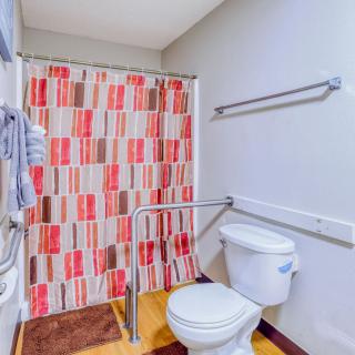 A bathroom with accessibility features, including grab bars and a colorful shower curtain.