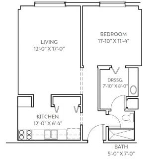 A floor plan of a one-bedroom apartment with labeled areas for the living room, kitchen, bedroom, dining area, and bathroom.
