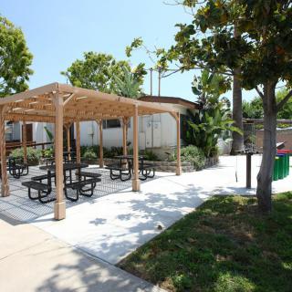 A sunny outdoor area with a pergola providing shade over picnic tables, surrounded by trees.