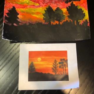 A vibrant sunset painting depicting silhouetted trees against an orange and red sky.