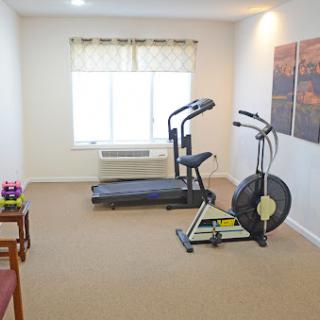 A well-equipped home gym featuring a treadmill, elliptical machine, and air bike, perfect for exercising in comfort.