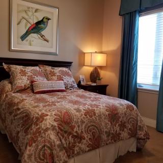 Cozy bedroom with patterned bedding, a bedside lamp, and wall art.