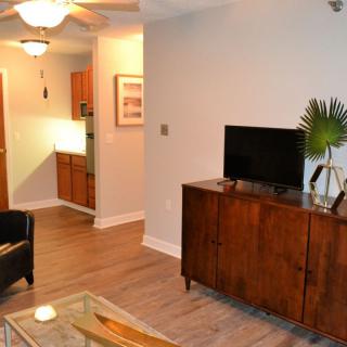 A modern living room with a wooden cabinet and TV.