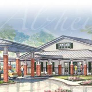 An architectural illustration of a building entrance with columns and landscaped surroundings.