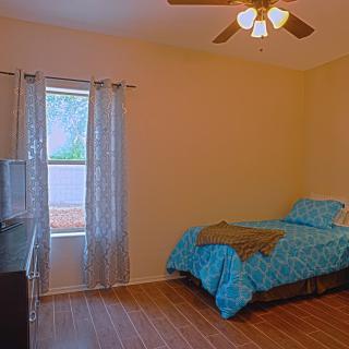 A simple bedroom with a single bed and blue bedding, featuring a ceiling fan and wooden flooring.