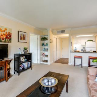 A cozy apartment living room with a view of the kitchen, decorated with artwork and modern furniture.