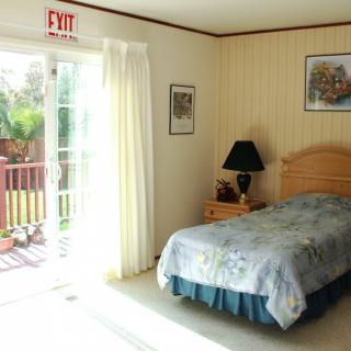 A bright bedroom with a single bed and access to an outdoor deck.
