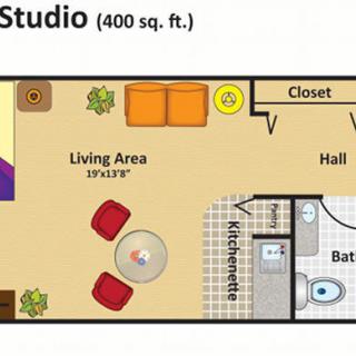 Floor plan of a 400 square foot studio apartment featuring a kitchenette, living area, bathroom, and closet.