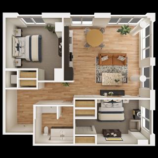 A detailed floor plan of a modern one-bedroom apartment with an open living and dining area.