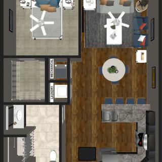 A detailed floor plan of a modern one-bedroom apartment featuring a kitchen, bathroom, and living area.