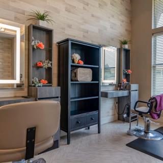 A modern hair salon interior with stylish chairs and mirrors, featuring decorative shelves and plants.