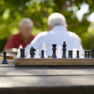 Two seniors playing chess outdoors on a sunny day.
