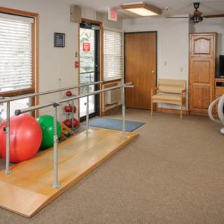 A rehabilitation room equipped with parallel bars and exercise balls for physical therapy.