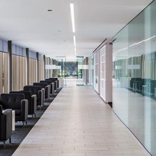 A modern office hallway with minimalist design and glass walls.