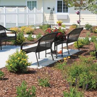 A landscaped garden with benches and a walkway surrounded by mulch and plants.