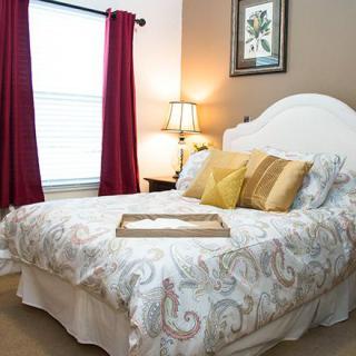 A cozy and elegantly decorated bedroom featuring a bed with patterned bedding, accent pillows, a bedside lamp, and burgundy curtains framing a window.