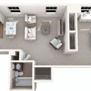 A 3D floor plan of a modern apartment featuring a living room, kitchen, and bathroom.