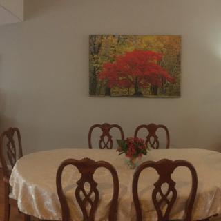 A dining room featuring a table with a white tablecloth, surrounded by ornate chairs. A vibrant painting of red flowers is mounted on the wall, and a small flower arrangement adorns the center of the table.