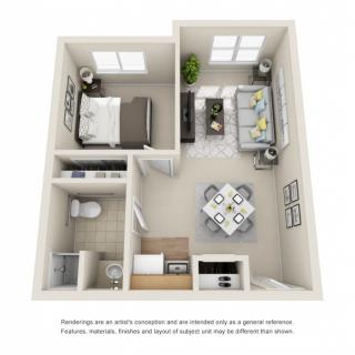 3D floor plan of a one-bedroom apartment featuring a living room, kitchen, and bathroom.