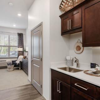 A modern interior featuring a small kitchen area with dark wooden cabinets and a living space in the background.