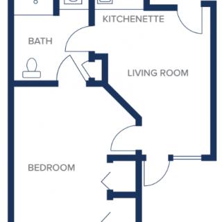 A floor plan of a small apartment featuring a bedroom, bathroom, living room, and kitchenette.