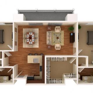 A detailed floor plan showcasing a two-bedroom apartment with an open living, dining, and kitchen area.