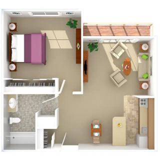 A floor plan of a one-bedroom apartment featuring a bedroom, living area, kitchen, and bathroom.