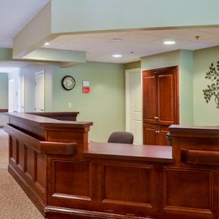 A warm and inviting reception area with wooden furnishings and a calming green color scheme.