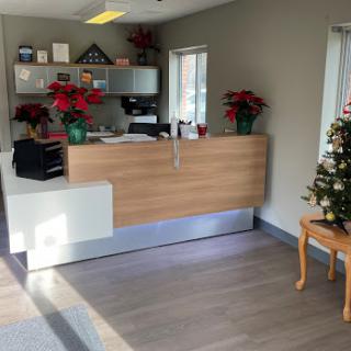 A festive reception area adorned with seasonal decorations.