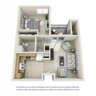 A 3D rendered floor plan of a one-bedroom apartment showcasing the layout of the living room, kitchen, bedroom, and bathroom.