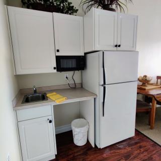 A compact kitchen with white cabinets, a refrigerator, microwave, and sink.