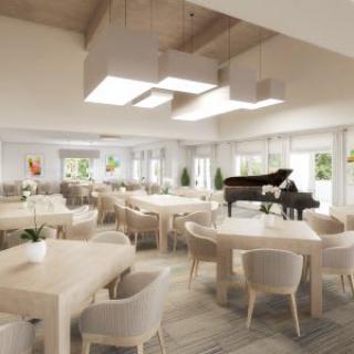 A spacious and modern dining room with a grand piano, featuring bright lighting and elegant furniture.