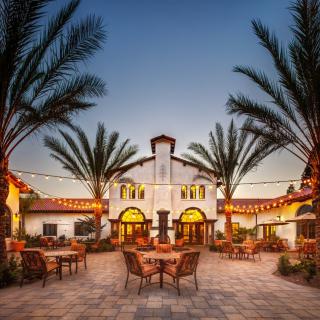 A beautifully lit outdoor dining area featuring palm trees and string lights at dusk.