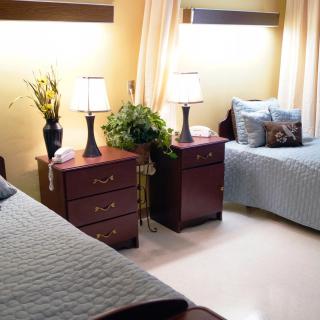 A cozy bedroom featuring two single beds with matching quilts, wooden nightstands with lamps, and decorative plants near the window.