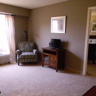 A cozy living room with a patterned chair, small TV on a wooden stand, and natural light from the window.