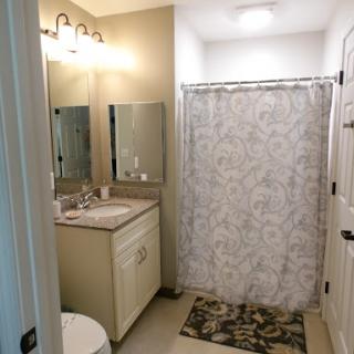 A clean and modern bathroom featuring a shower, vanity, and decorative elements.
