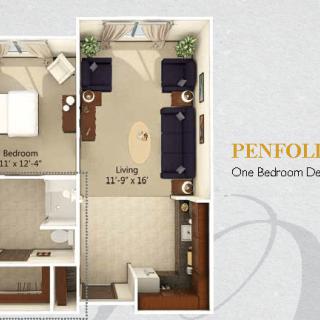 Floor plan of a one-bedroom deluxe apartment, showcasing a living room, bedroom, and kitchen layout.