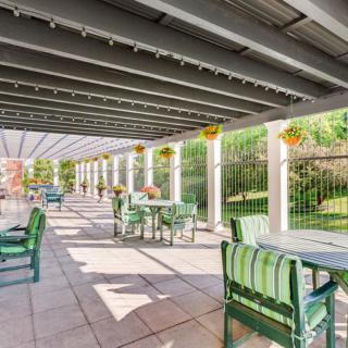 A sunny outdoor patio with green furniture under a pergola, surrounded by hanging plants.