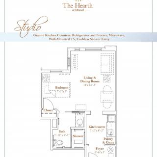 This image shows a detailed floor plan of an apartment, including the layout of the living and dining area, kitchen, bedroom, and bathroom.